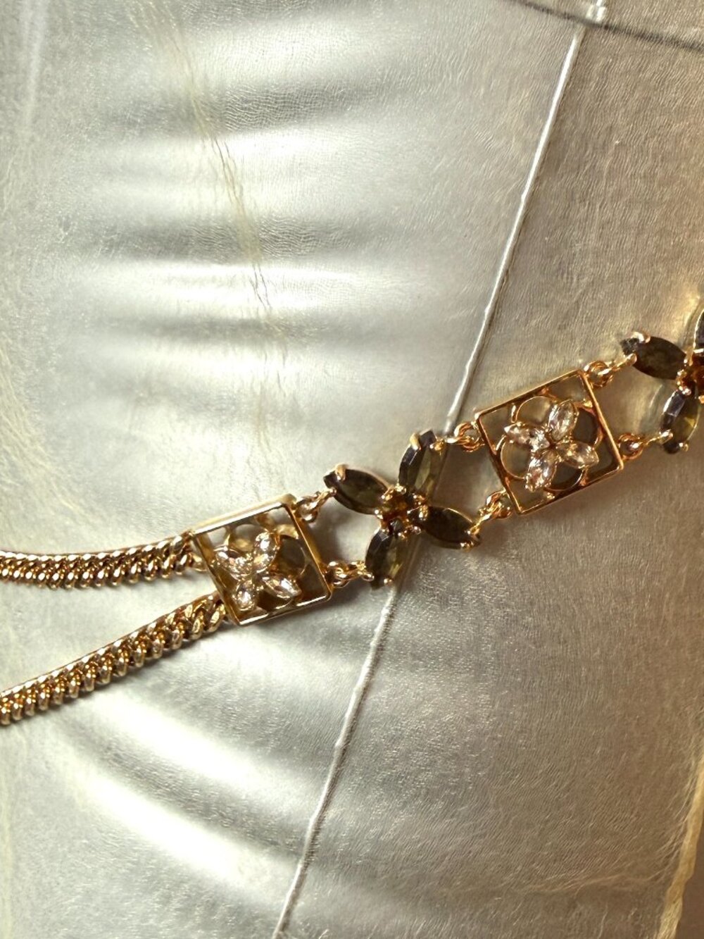 Gold Metal Chain Belt with Purple & White Rhinestones Adjustable to 31"